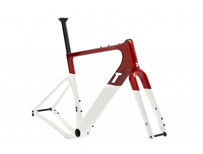 3T Exploro RaceMax Red/White runkosetti Full-aero gravel frameset for speed on-road and off. Choose 700c RACE or 650b MAX